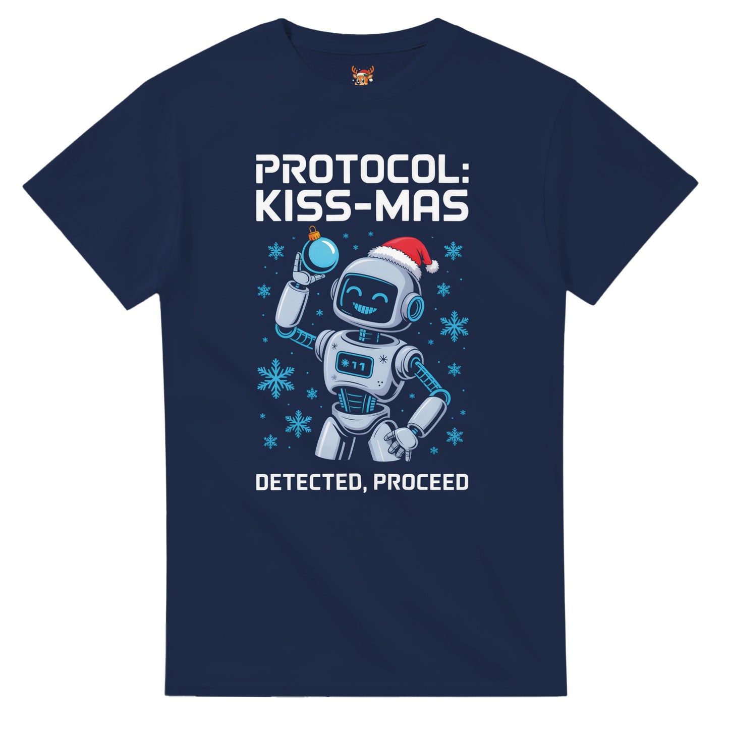 Unisex shirt with robot design in black or navy.