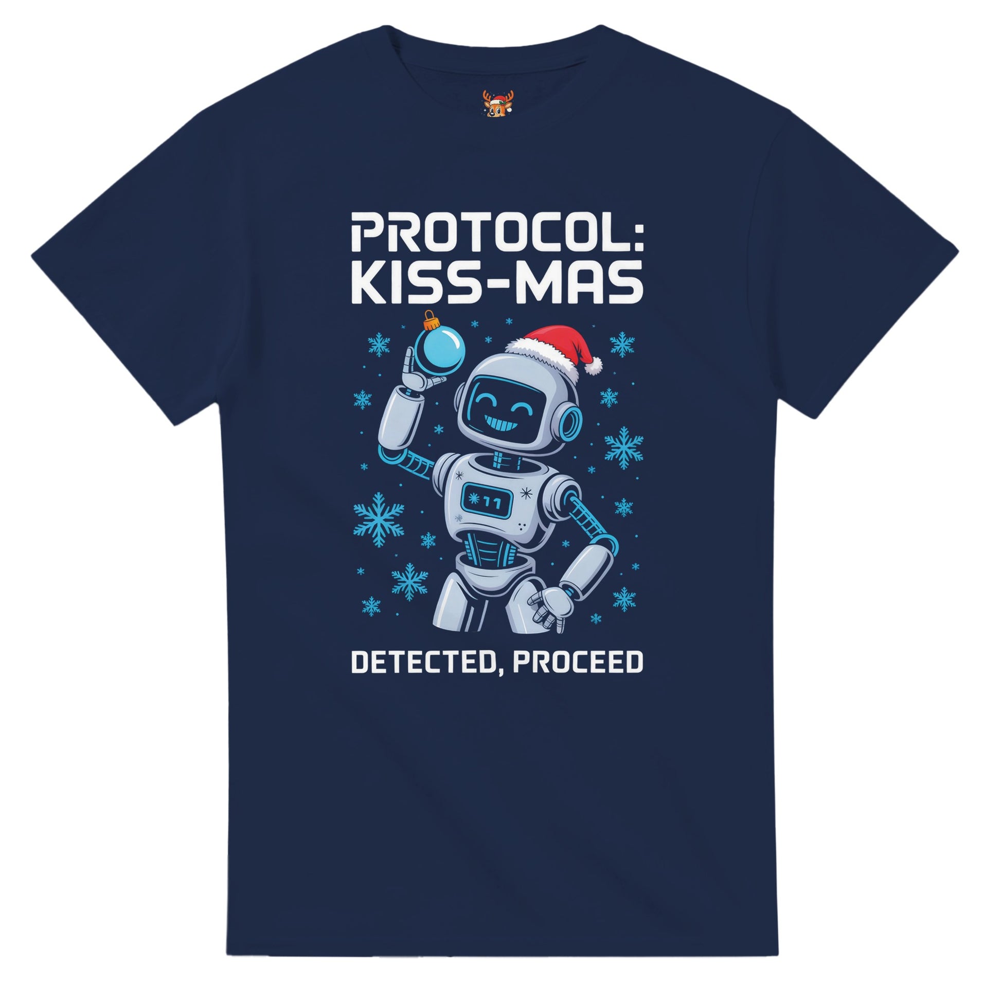 Unisex shirt with robot design in black or navy.