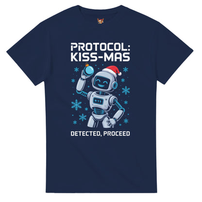 Unisex shirt with robot design in black or navy.