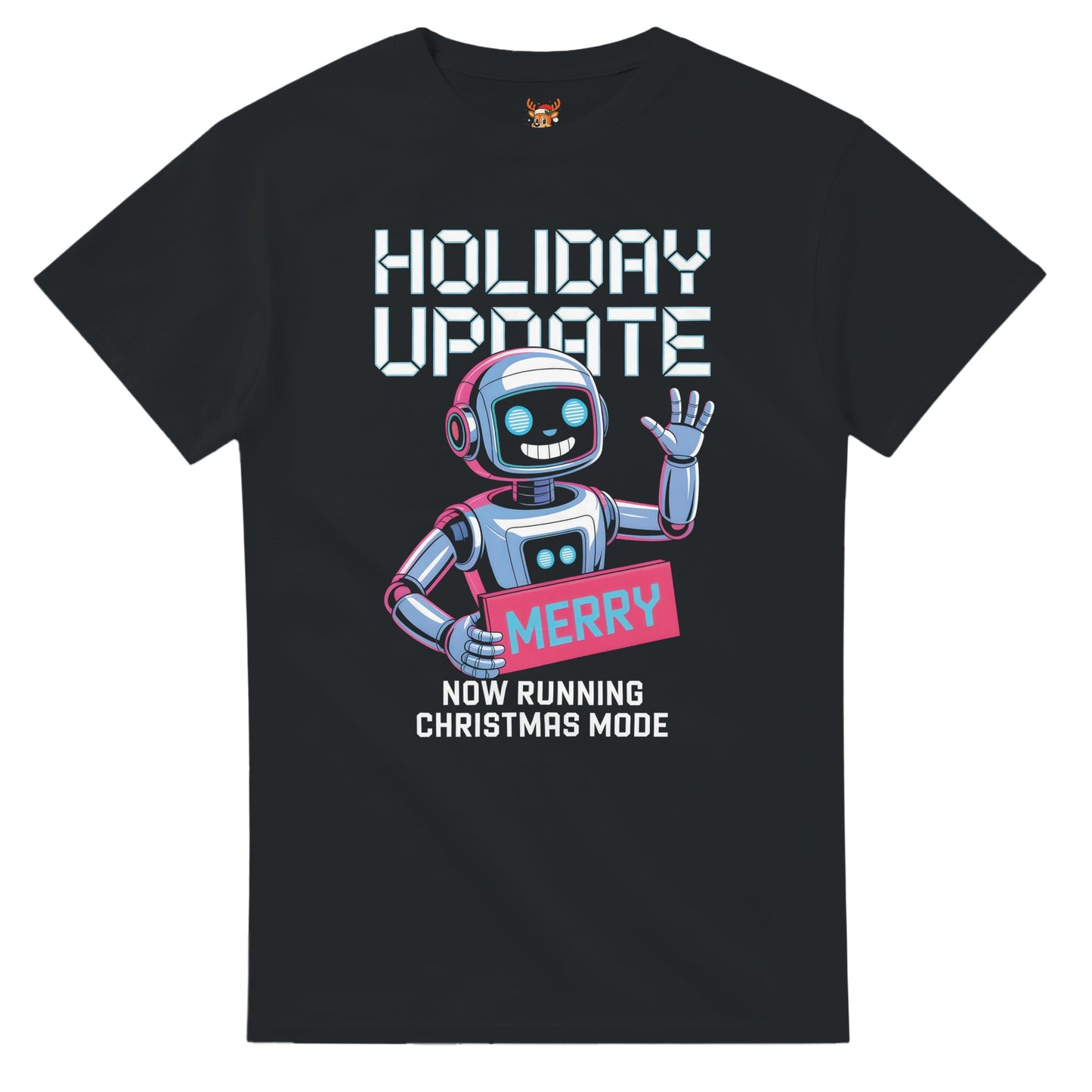 Unisex shirt with robot design in black or navy.
