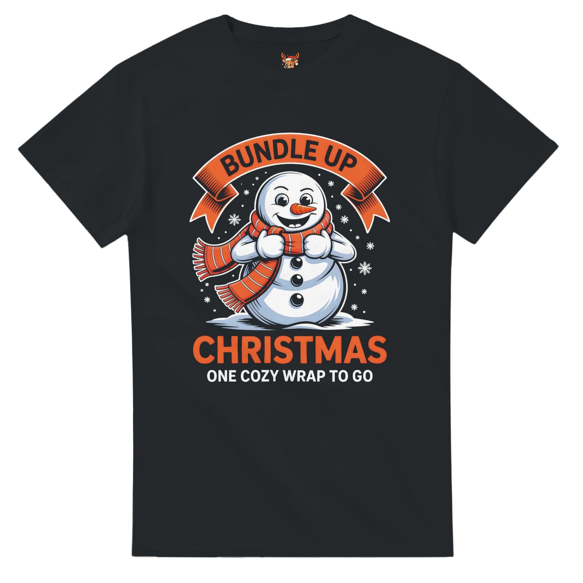 Unisex shirt with snowman design in black or navy.